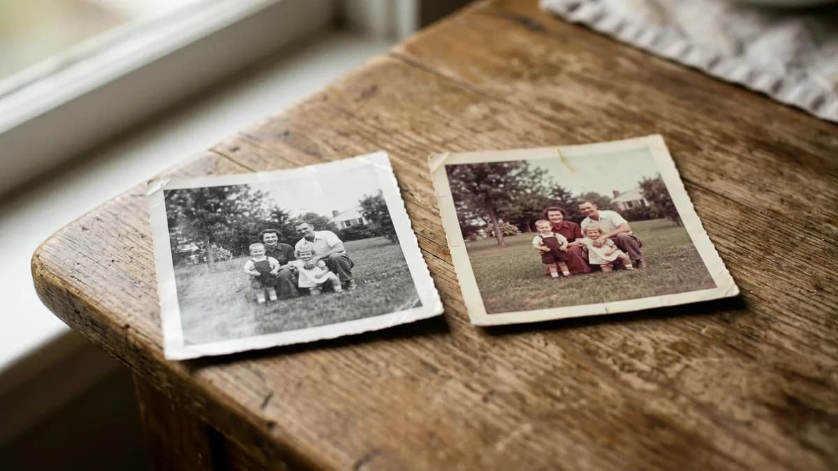 The same 1950s family portrait shown in black and white and in natural color, side by side