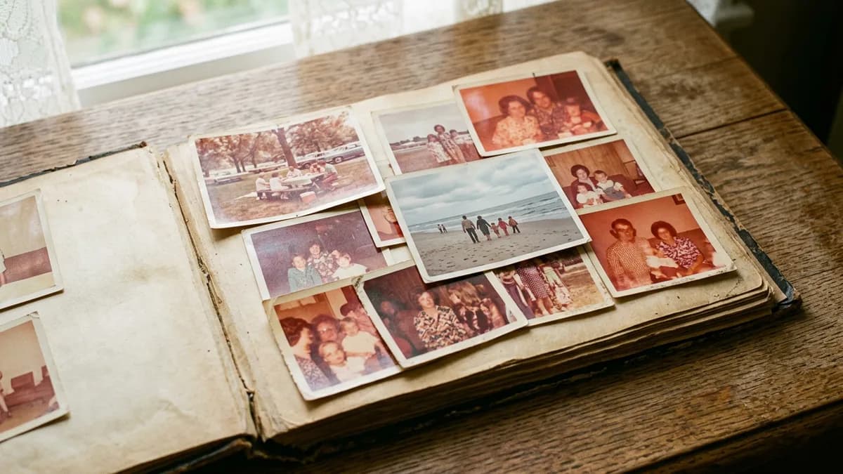 Faded color snapshots from the 1970s with an orange cast, spread on a table next to an old album