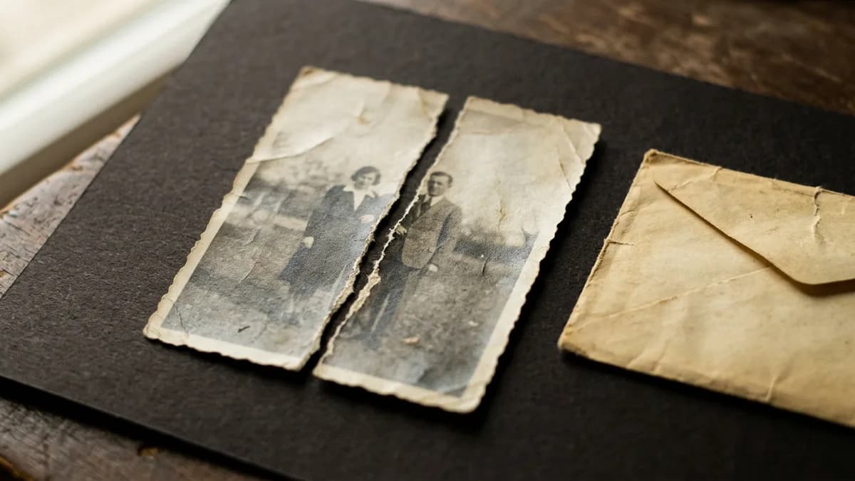A torn old black-and-white portrait in two pieces laid edge to edge on dark paper